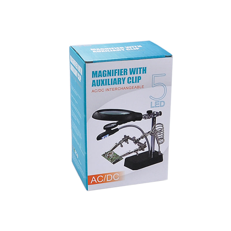 TE-800 5-LED Desktop Magnifying Glass with Soldering Stand - AC/DC Rechargeable